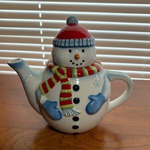 Snowman Teapot with Red and Blue Details